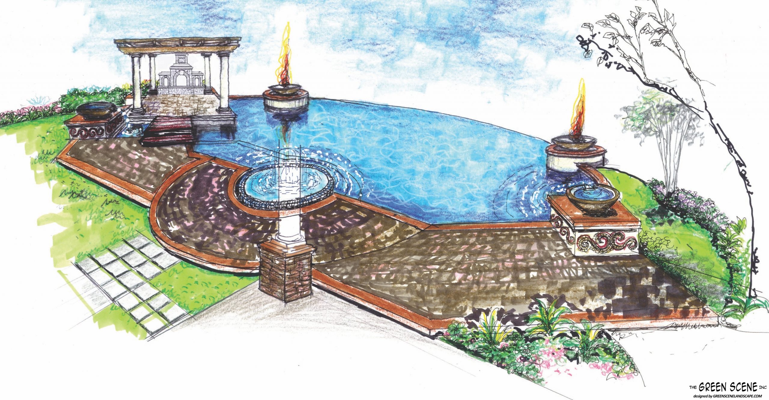 A picture perfect perspective drawing of a backyard pool design