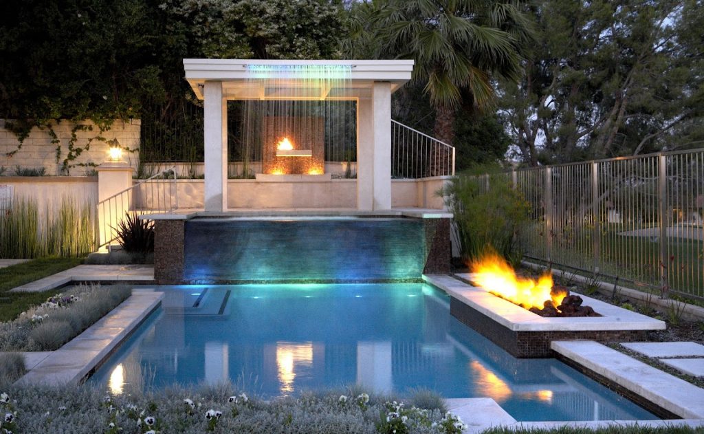 fire and water features with a contemporary pool