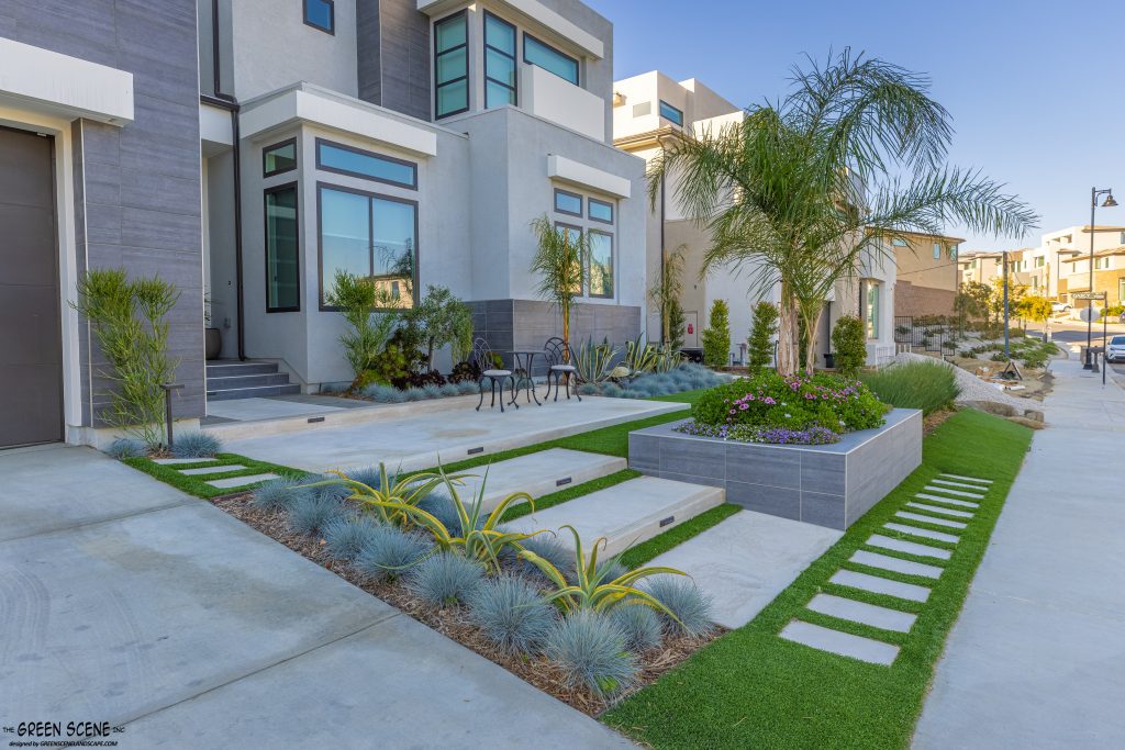 front yard with landscaping and hardscaping design